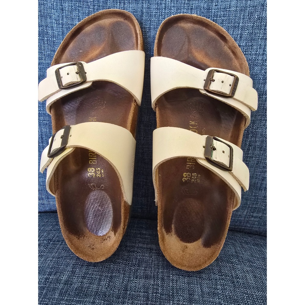 Birkenstock Arizona Cream Two‎ Strap Buckle Slide Sandals Womens 38 L7 M5